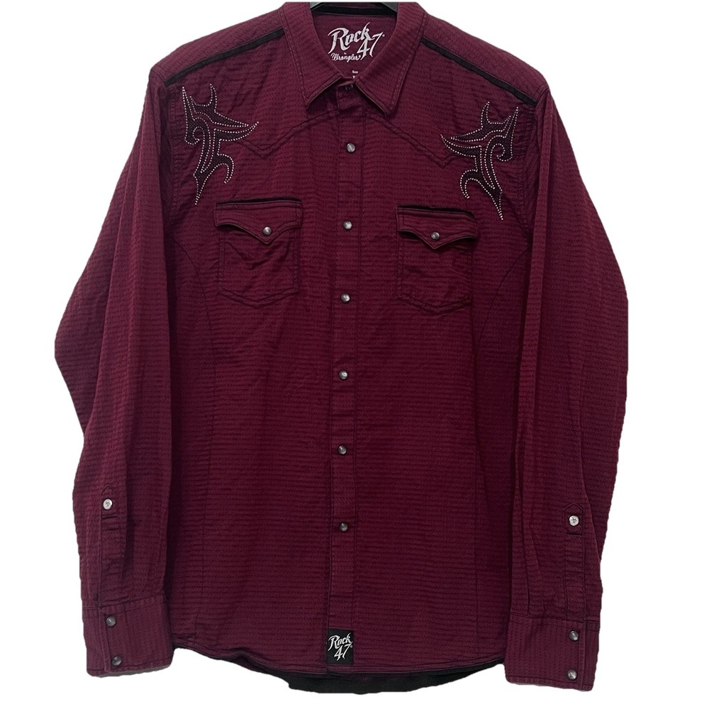 Rock 47 Wrangler Western Pearl Snap Long Sleeve Shirt Embroidered Men Size XL